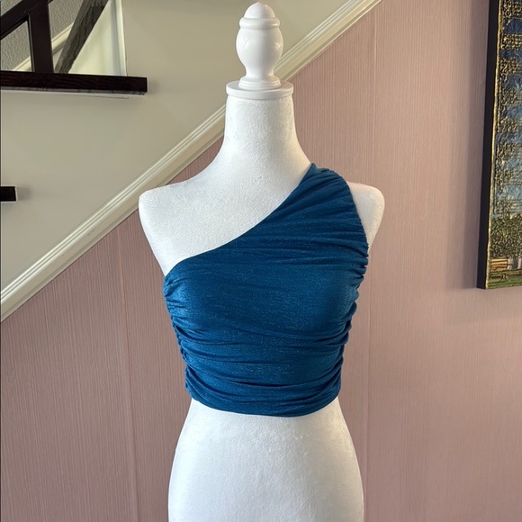 Asymmetrical Ruched Blue Crop Top - Picture 1 of 3